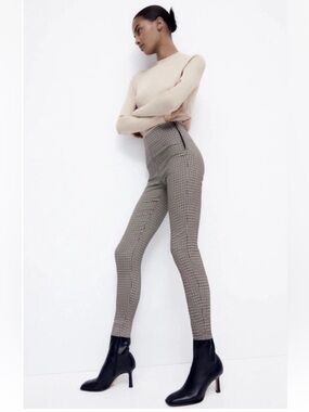 Zara | Women’s Black/Brown/White Checked High Rise Side Zip Skinny Ankle Pants L